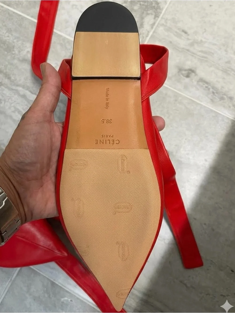 Celine by Phoebe Philo Red Leather Soft V-Neck Ankle-Tie Pointed Flats.